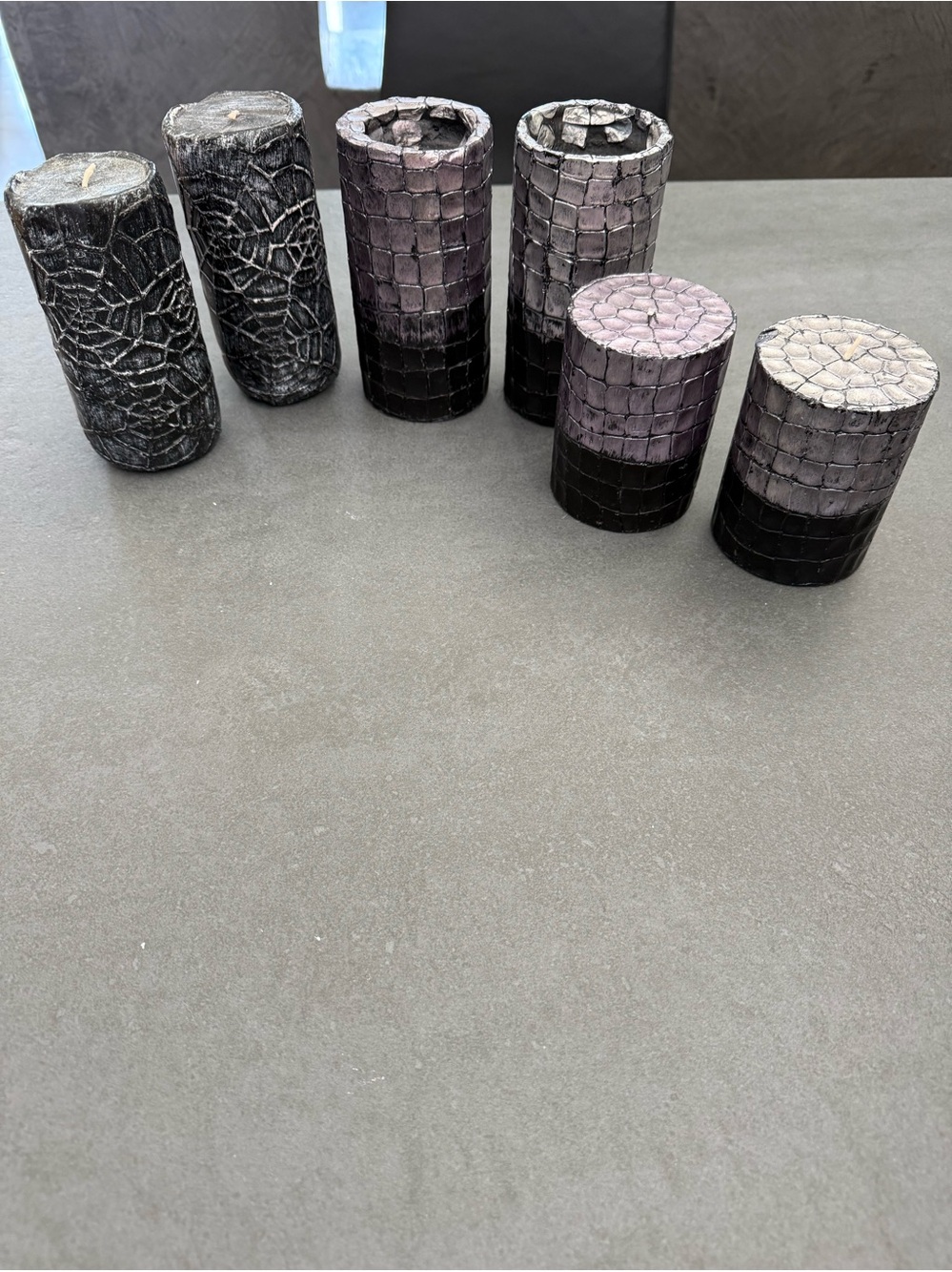 6 Halloween/Decorative candles Black w/metallic silver/purple hue 2 spider webs